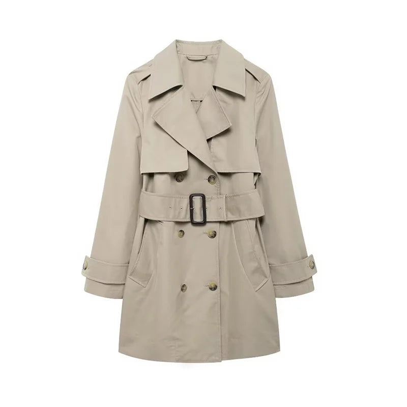 ZATRHMBM Autumn Women's Double-breasted Slim Trench Coat 2024 Simple Trench Coat Long-sleeved Lapel Belt Coat