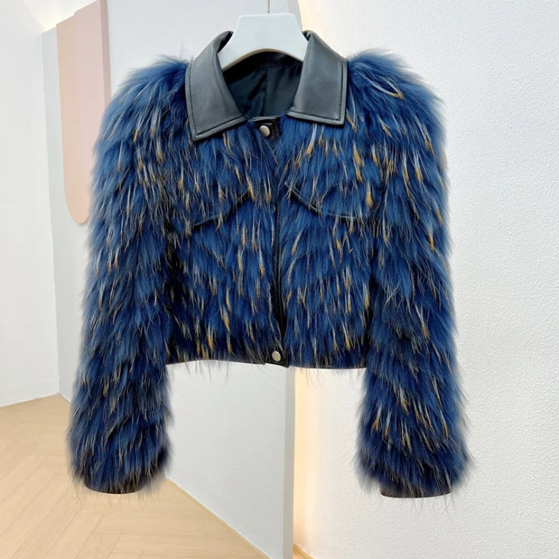 2024 Autumn ladies bright color popular raccoon fur short top jacket long sleeves genuine leather collar fashion fur outerwear