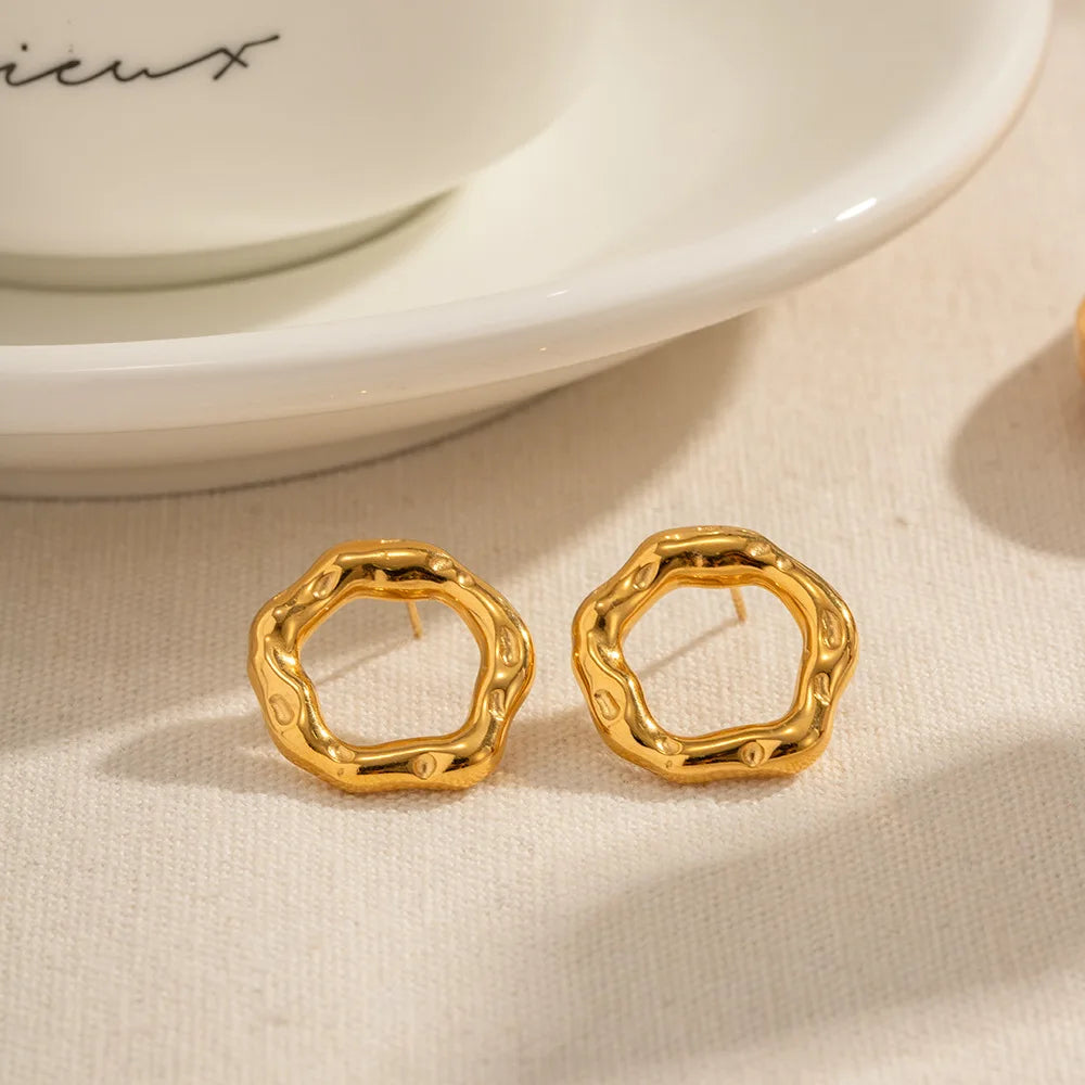 Stainless Steel Textured Hollow Circle Earring Thick Irregular Gold Hoop Earrings for Women