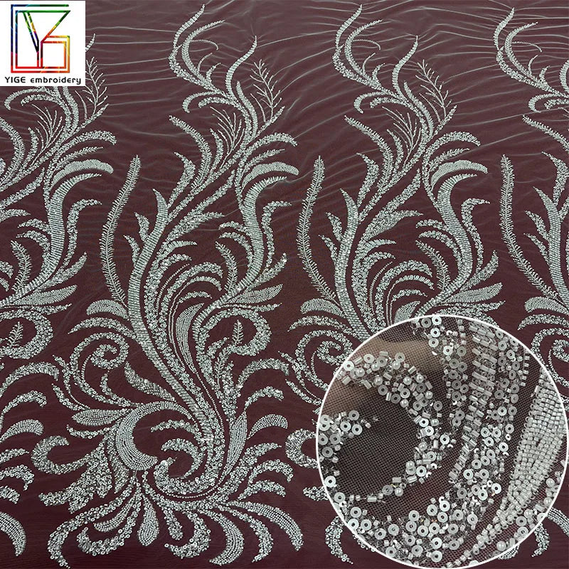 New White Luxury Bridal Tulle Sequins Lace Wedding Beaded and Pearls Fabrics for European Style Dress