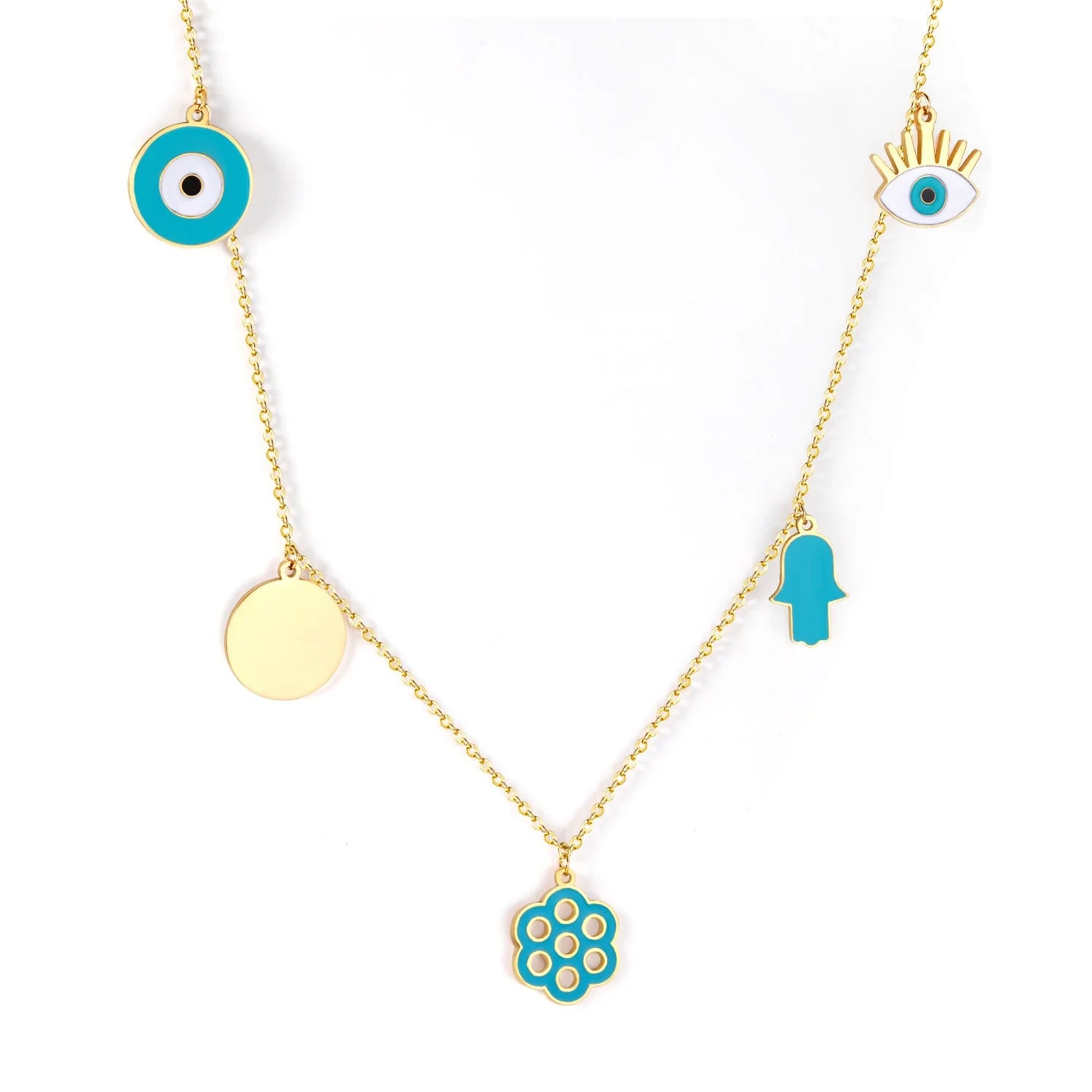 Ason Wholesale Fashion 18K Gold Plated Stainless Steel Jewelry ChokerTurkey EvilEye Hamsa Hand Pendant Necklace for Women Choker