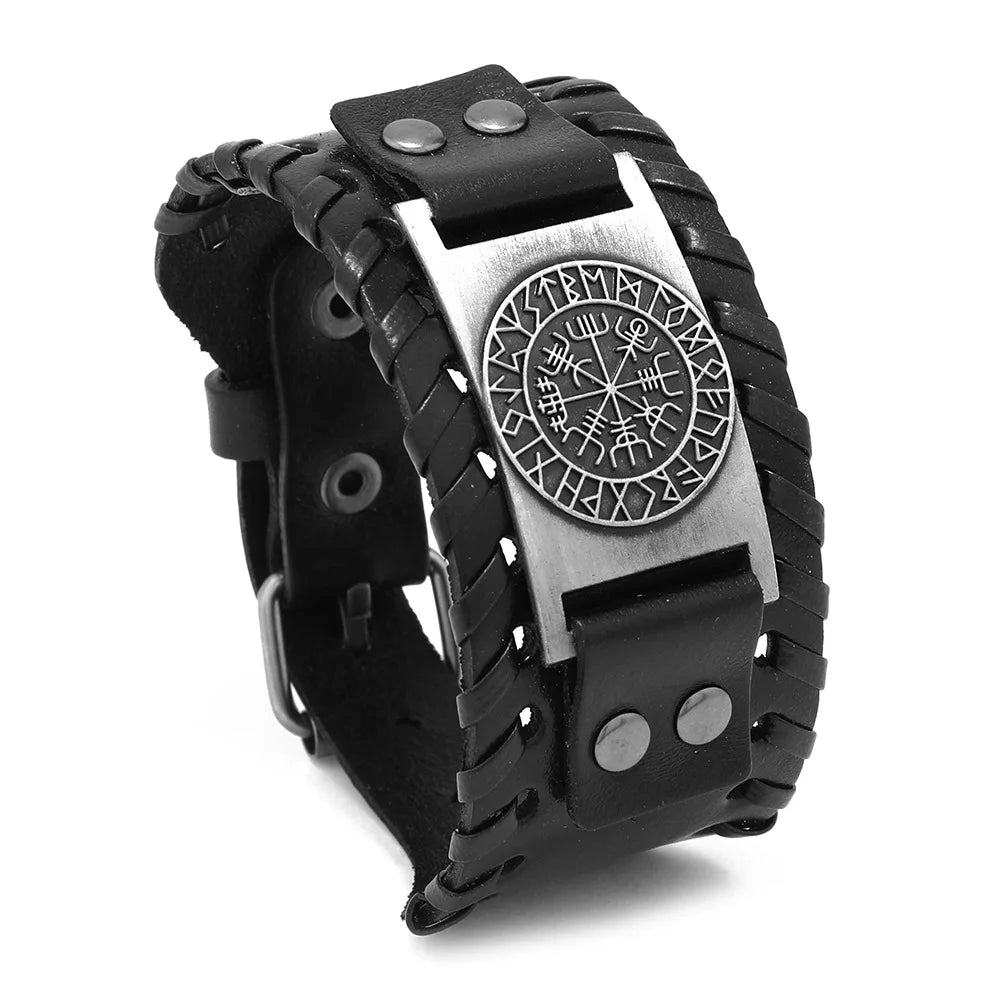 Adjustable Men Real Leather Woven Wrap Viking Bangle Punk Wide Totem Viking Rune Genuine Leather Pirate Bracelet with Compass