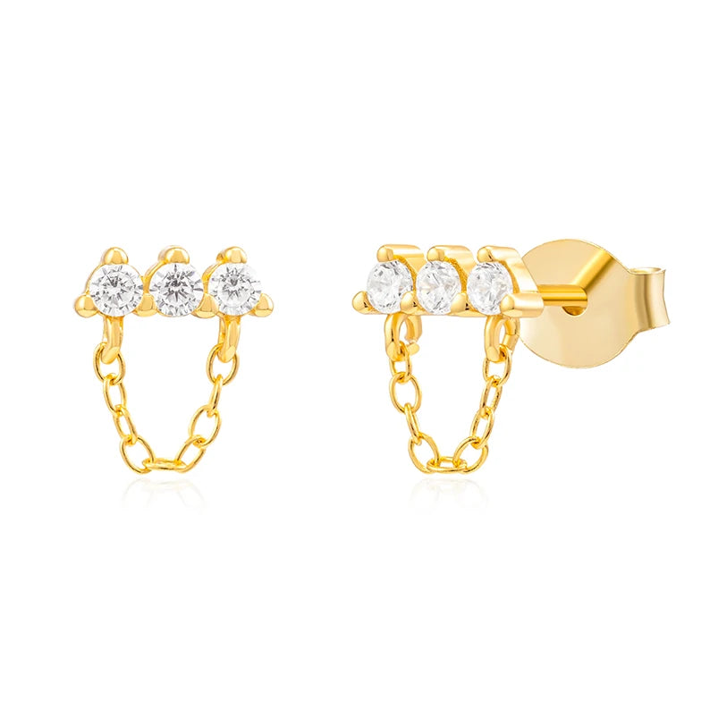 Gemnel Fashion Jewellery 925 Sterling Silver 18k Gold Mini Round Diamond Chain Women Earring