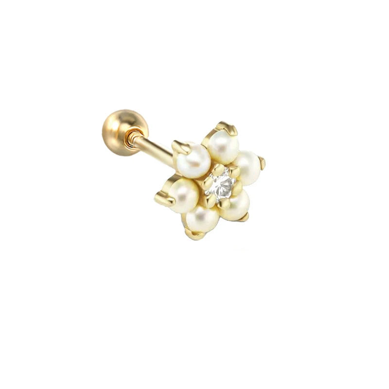 AIJIER Delicate Petite Flower Pearl Stud Earrings Trendy Sterling Silver White Pearl