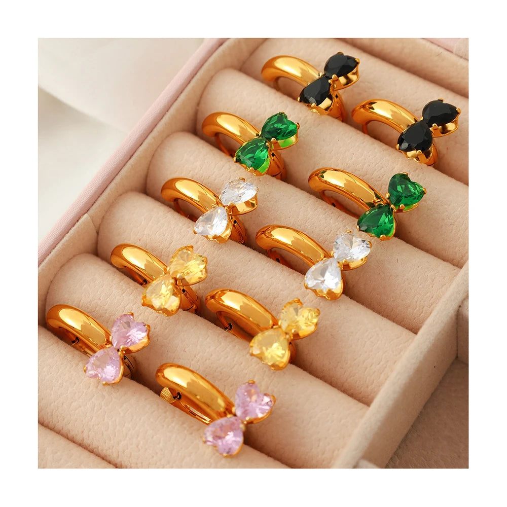 Cute Jewelry Stainless Steel None Tarnished Colorful Heart Bow Zirconia Hoop Huggie Earrings for Women
