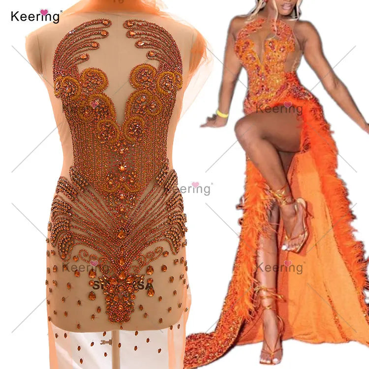 WRA-245 Keering Sew on Multi Color Crystal Mesh Burnt Orange Custom Rhinestone Applique and Trimmings