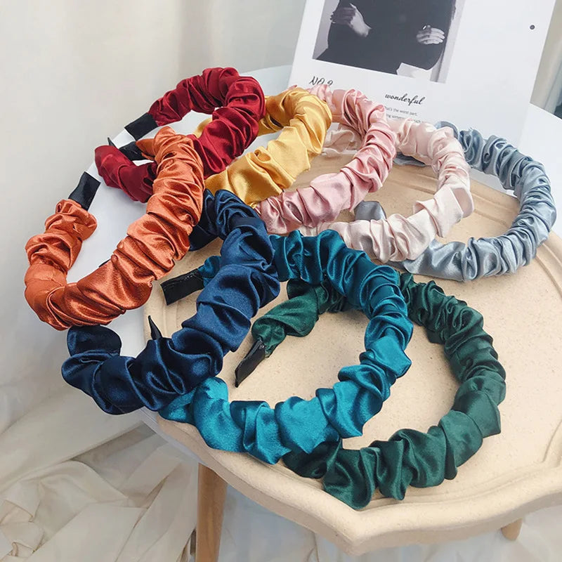 Bright Satin Volume Wave Silk Cloth Fabric Hair Accessories Wide Hair Head Band Ruffle Scrunchie Fluffy Headband