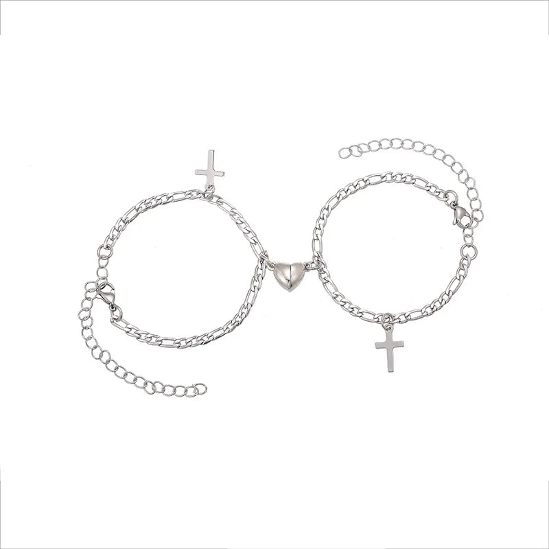 Stainless Steel Chain Heart Shape Cross Pendant Bracelet for Lover Valentine's Day Gift Couple 2pcs/set SB007