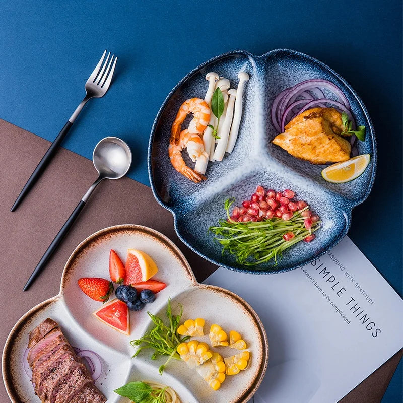 Japanese Round 3/4 Compartments Ceramic Divided Dinner Plate Snack Fruit Nacho Appetizer Cheese Serving Platter Tray