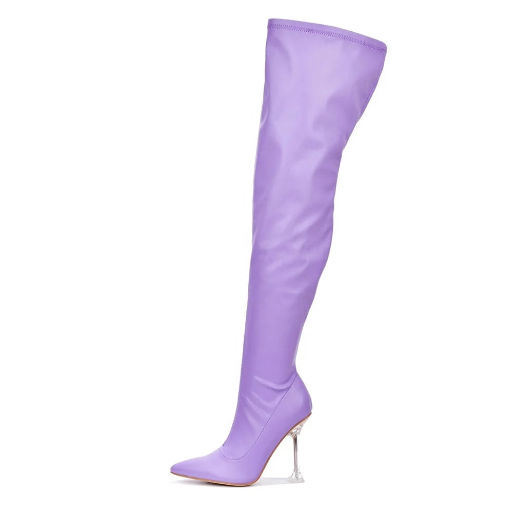 Beautiful Color Classic Over the Knee Boots Purple Shoes Thigh High Heel Boots Pointed Toe Clear Heel Women Shoes Plus Size
