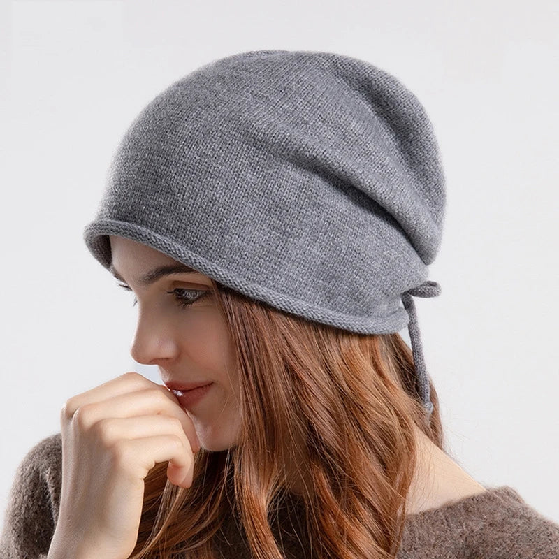 Custom logo Knitted Hat Women Draw String Beanies Warm Soft Adjustable Bonnet Hats