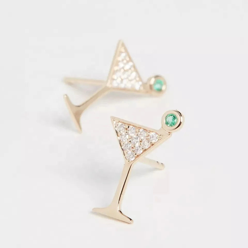 LOZRUNVE 925 Sterling Silver Gold Plated Cute Cocktail Glass CZ Stud Earring for Women Girl