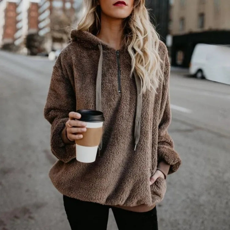 Women's Fuzzy Hoodies Sport Pullover Hoodie Athletic Cozy Oversized Pockets Hooded Sweatshirt Fleece Hoodies