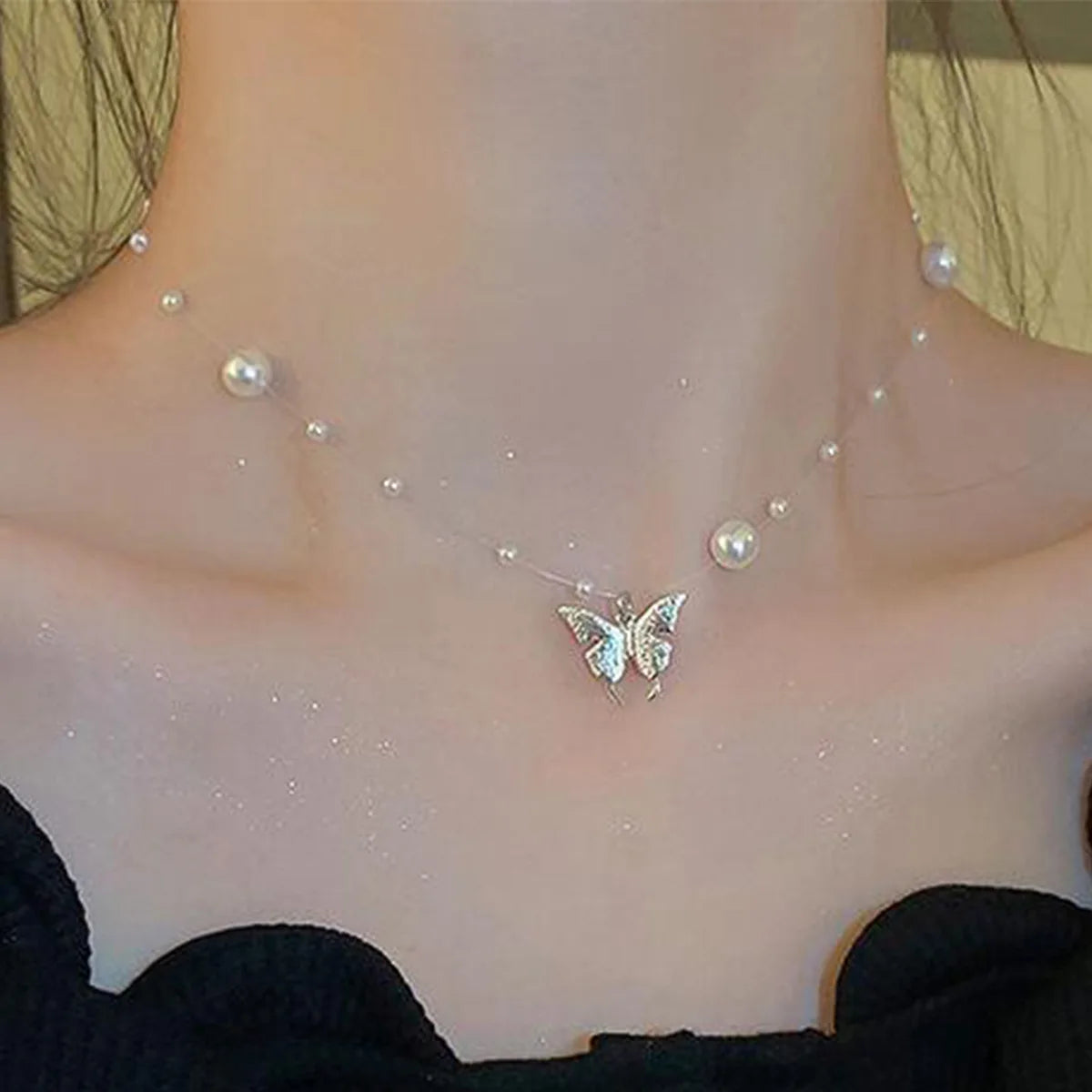 FanYue 2022 Simple Elegant Pearl Bead Choker Necklace for Women Transparent Fishing Line butterfly Pendant Necklace