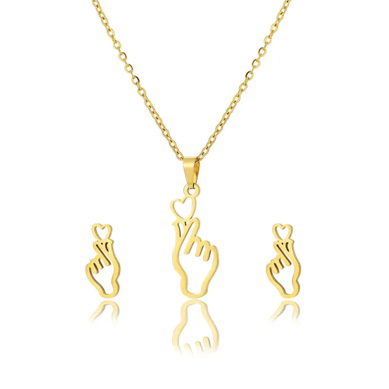 Korean Fashion Finger Heart Earrings Hand Pendant Necklace for Women Stainless Steel Show Your Love Heart Jewelry Sets