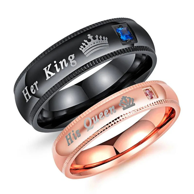 HOVANCI Valentine's Day King Queen Crown Couple Ring Stainless Steel  His Queen Her King Zircon Ring for Lovers