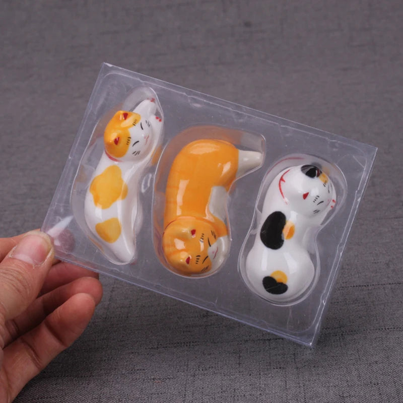 Cute Kitten Ceramic Chopsticks Rest Holder with PVC Pen Korean Style Flatware Ornaments Disposable Handicraft Set