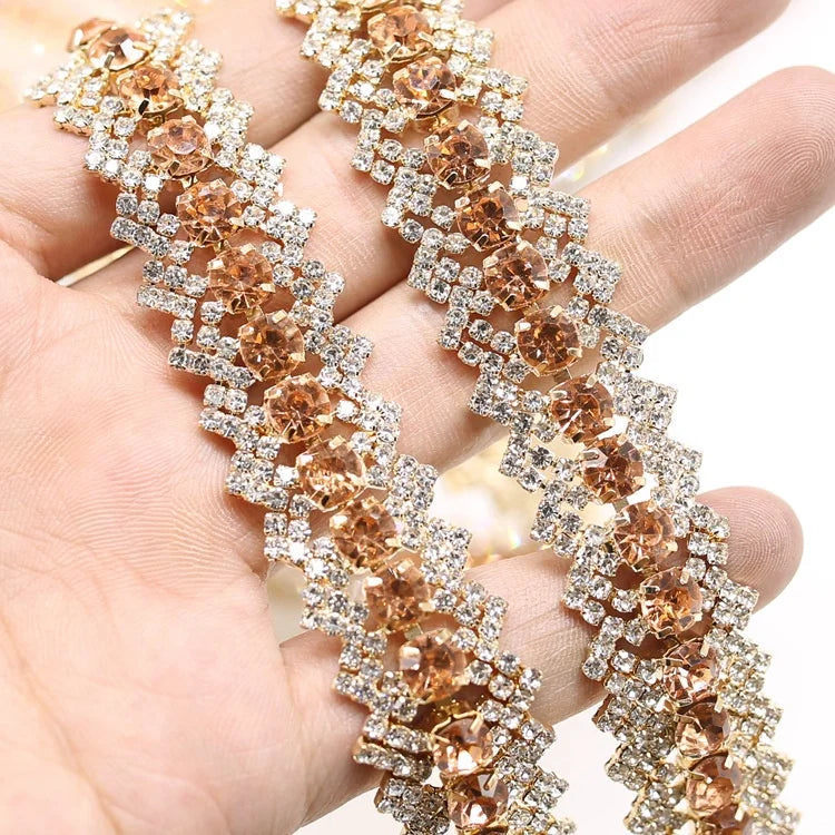 Gold Plating Luxury Rhinestone Chain Trim for Party Dress Crystal Rhinestone Cup Chain