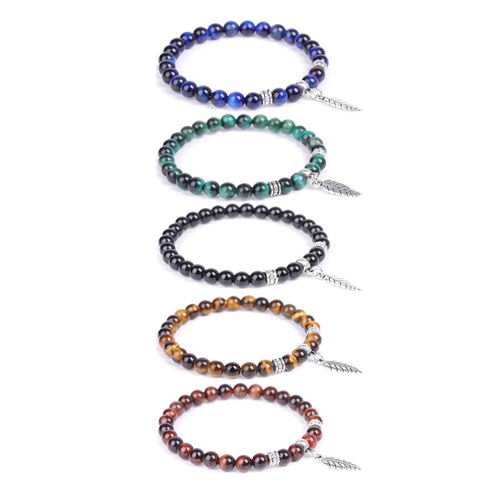 6MM Amethysts Crystal Quartz Aquamarines Jades Agates Natural Stone Beads Elastic Leaves Bangle Bracelets for Women Men Jewelry