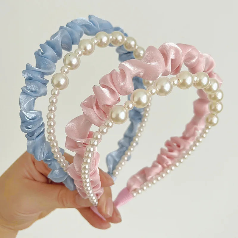 French Style Solid Color Mesh Women Hair Accessory Handmade Custom Bright Pearl Hair Band Silk Fabric Pleated Headband