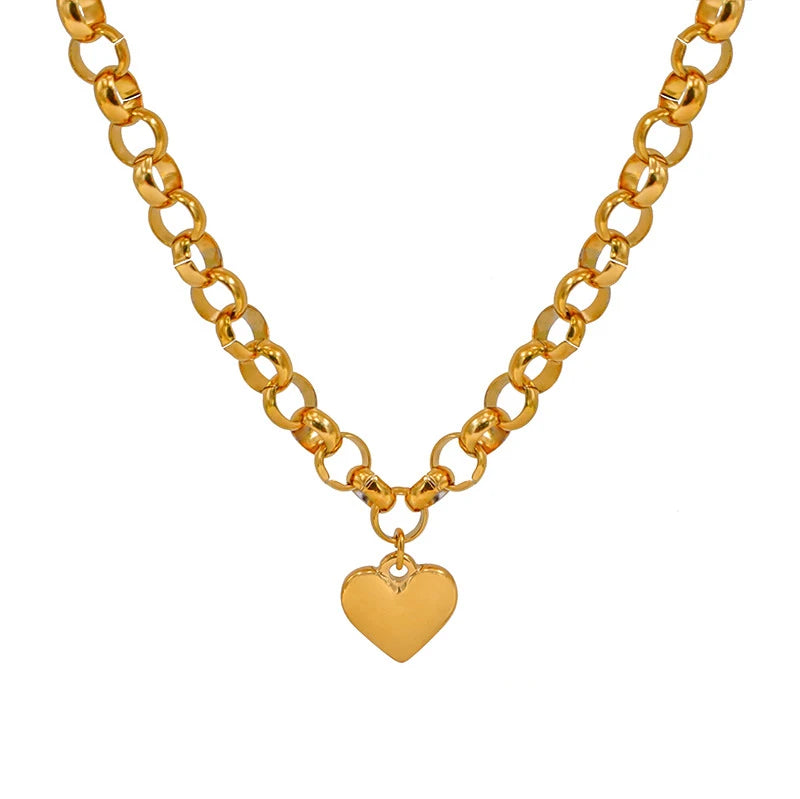 Hip Hop Trendy Stainless Steel Ot Buckle Heart Cuban Link Necklace