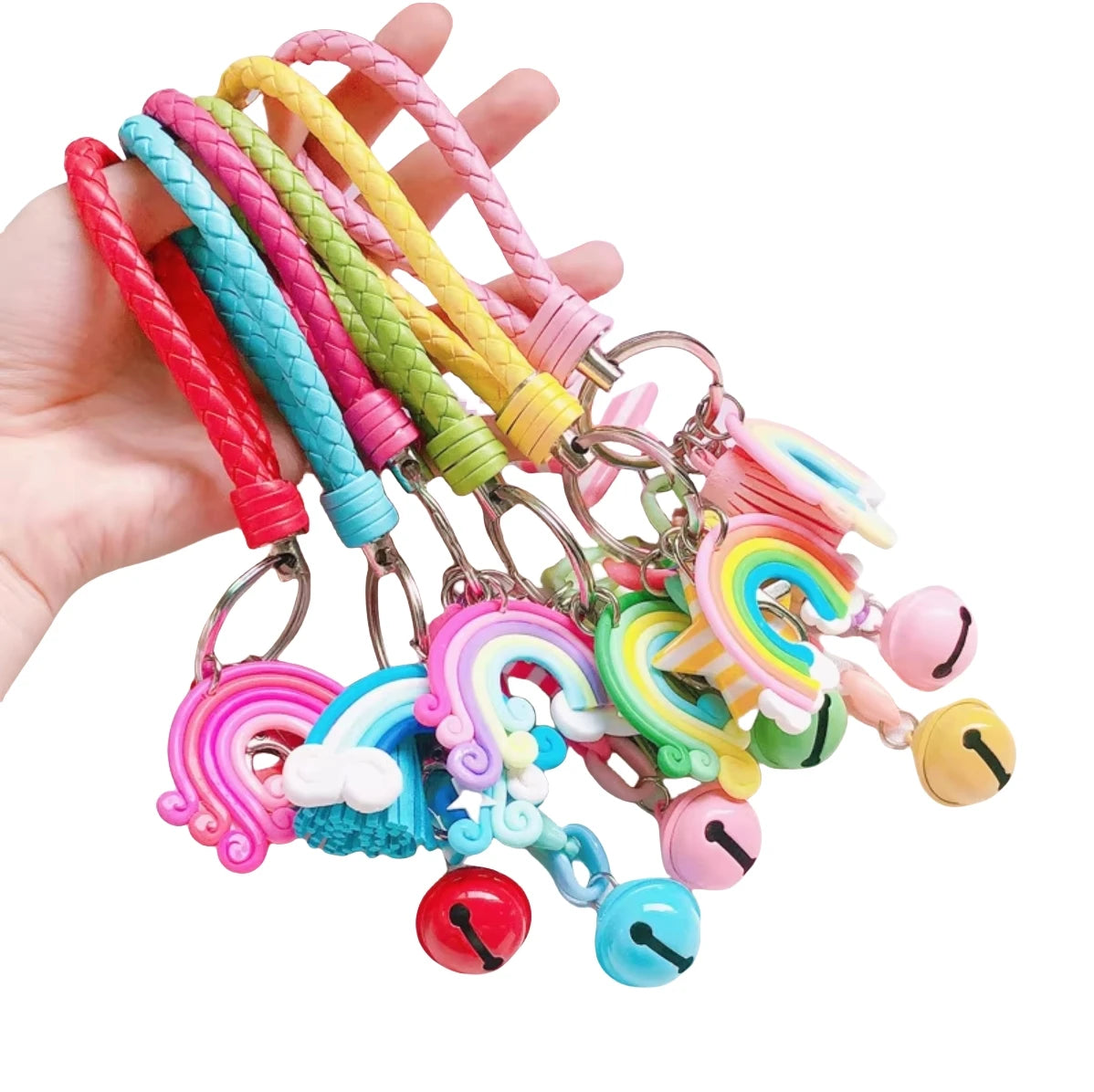 Hot Sale Manual Braided Rope Leather Keyring Cute Rainbow Keychain Girls Student Bag Pendant Key Accessories