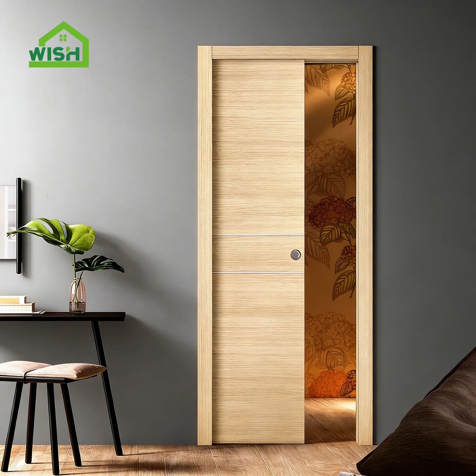 Modern Manual Finished Pocket Interior Wood Door with Sound Insulation Sliding in Wall Pocket Design
