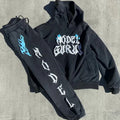 OEM Custom Logo Vintage Acid Wash Unisex 3D Puff Print Hoodie Sweat Baggy Pants Two Piece Set Puff Printing Hoodies Set for Mens