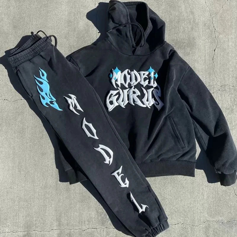 OEM Custom Logo Vintage Acid Wash Unisex 3D Puff Print Hoodie Sweat Baggy Pants Two Piece Set Puff Printing Hoodies Set for Mens