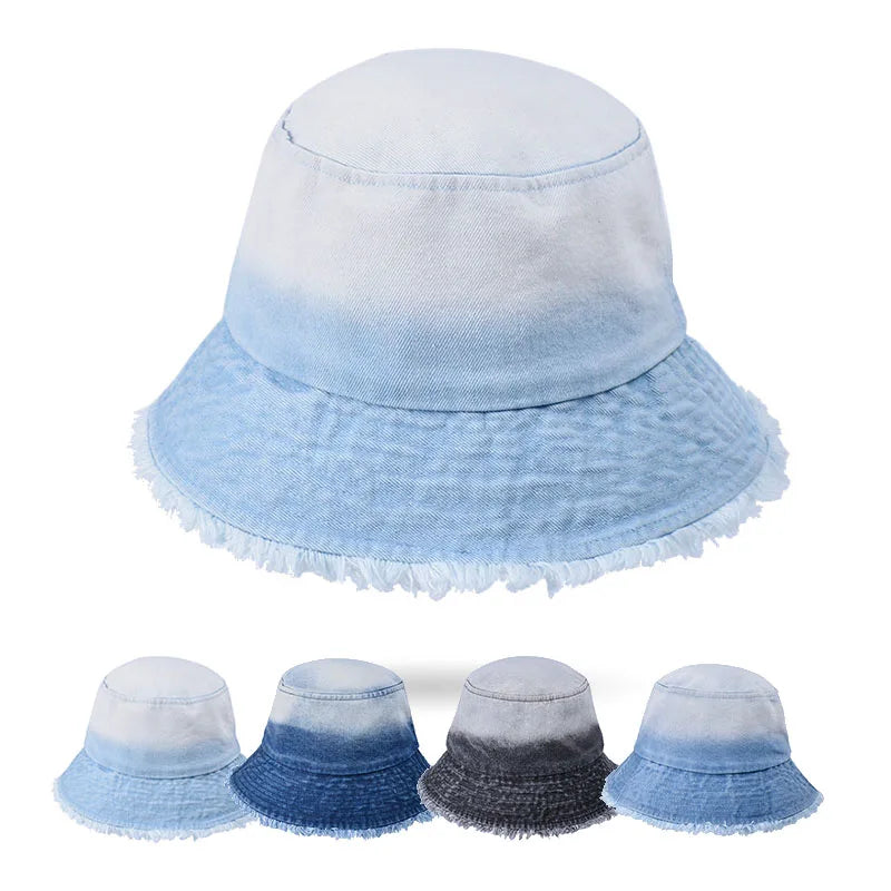 Factory Direct Custom Embroidery Logo Washed Cotton Distressed Denim Fisherman Caps Vintage Gradient Wide Brim Bucket Hats