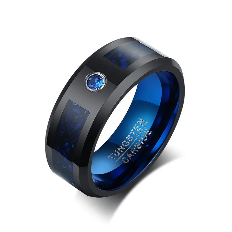 Luxury Tungsten Carbide Carbon Fiber Blue and Black Plated Jewelry Wholesale Zircon Ring for Wedding