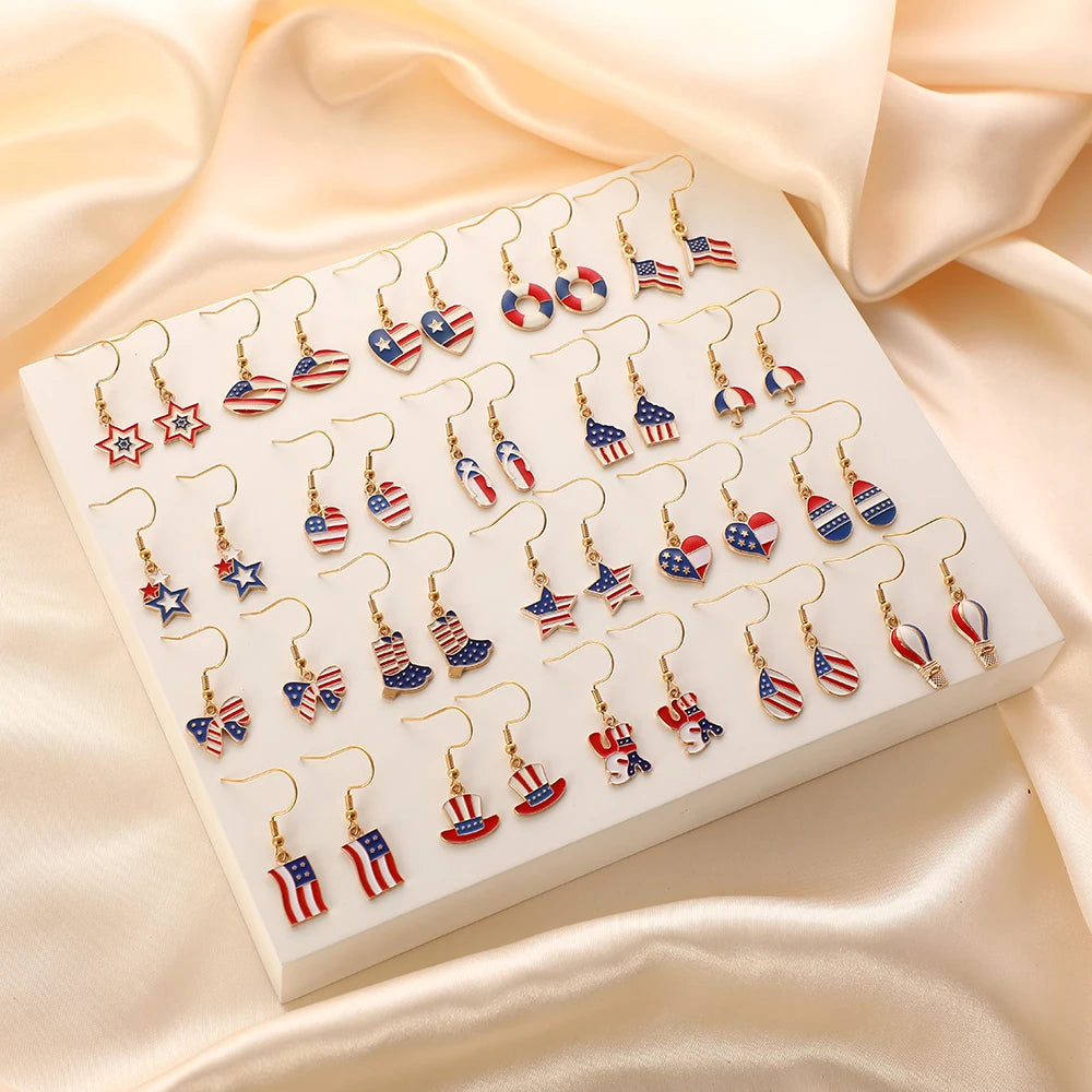Enamel Patriotic USA Flag Red Blue White Heart Star Bow Boots Design American Flag Earrings for Women Girls 4th of July Earrings