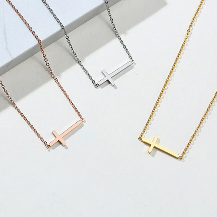 Dainty Christian Faith Sideways Custom Cheap Low Price Stainless Steel 18K Gold Plated Trendy Minimalist Tiny Cross Necklace