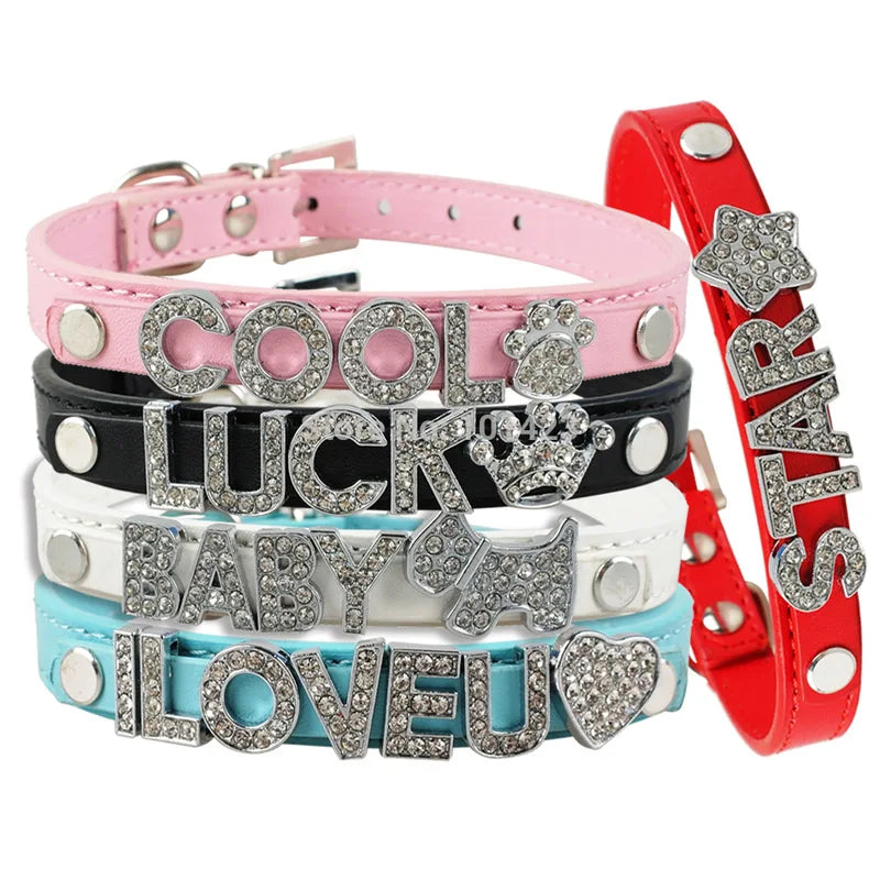Crocodile Shining Diy Name Personalized Dog Collar with Slide Letter Name Brand Dog Pet Letters DIY Leather Dog Collar