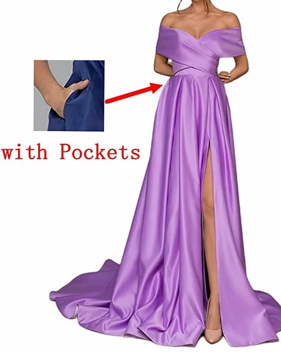 Women Off the Shoulder Satin Prom Dress Long High Split A-line Formal Party Evening Dresses With Pockets