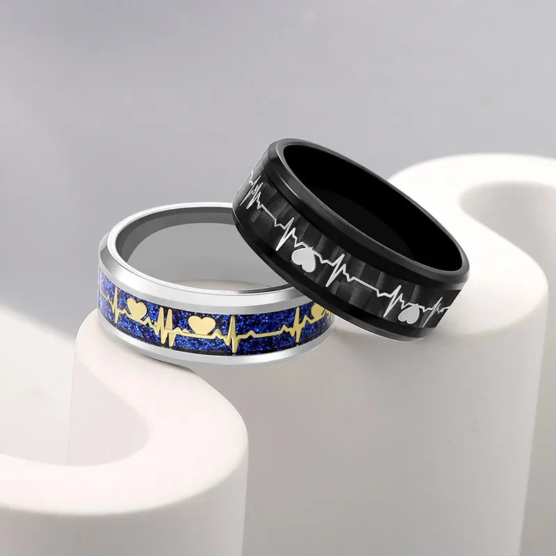 Men's Titanium Steel Carbon Fiber Heartbeat Stainless Steel Ring for Men Women Couple Jewelry