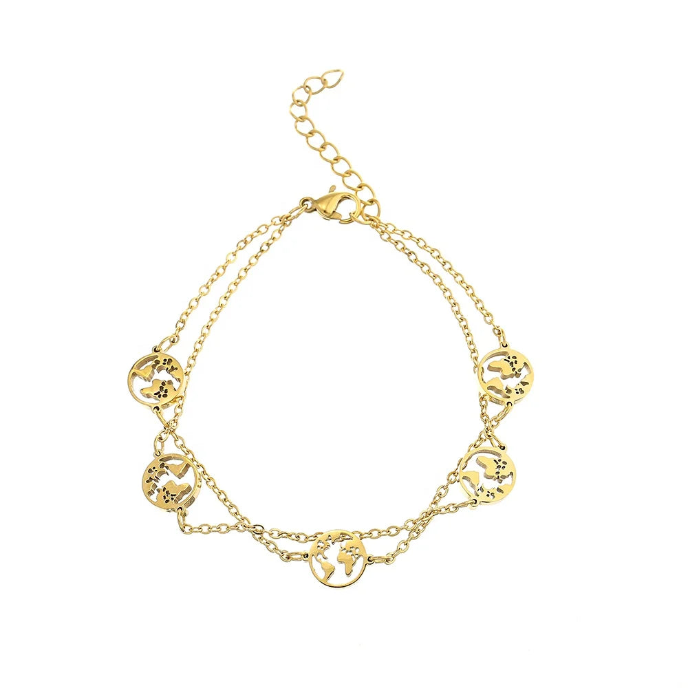 Gold Plated Stainless Steel Double Layer Travel the World Multi Map Charm Bracelet Pendants Trendy Xmas Gift QYRY Unisex