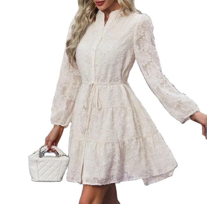 Spring/Summer Hot Selling Women's New Product in Europe and America Jacquard Lace up Skirt Long Sleeved Dress