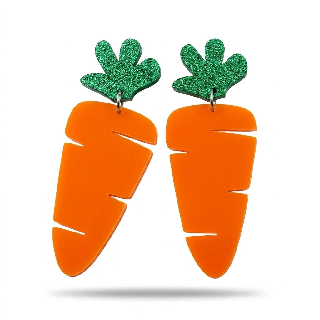 Carrot Acrylic Earrings Green Glitter Orange Vegetable Dangle Easter Jewelry Spring Gift Wholesale Bulk (