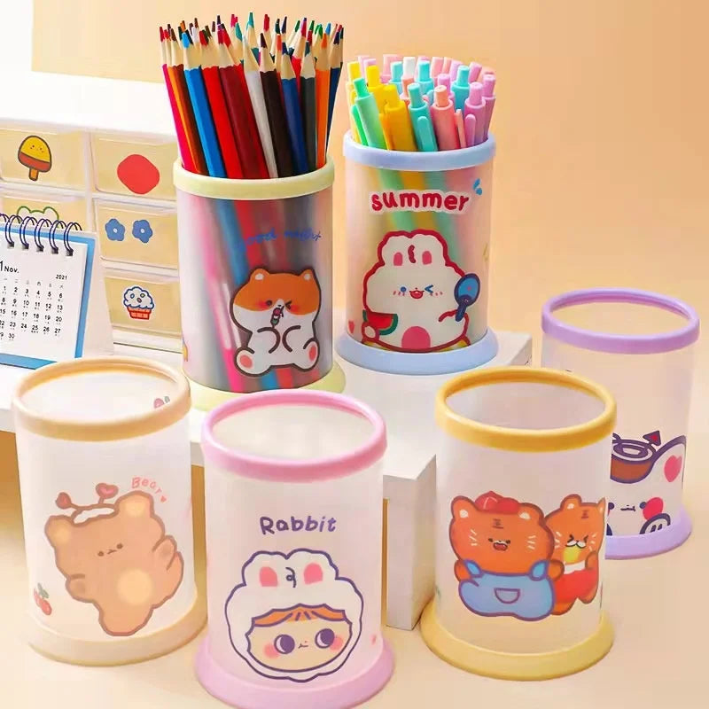 Creative Cartoon Cute Small Foldable pp Plastic Round Shape Desktop Pen Holder