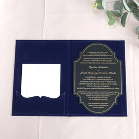 Modern Luxury Black Acrylic Card RSVP Wedding Invitations Navy Blue Velvet Hardcover with Hot Stamping Gold Foil Paper Material