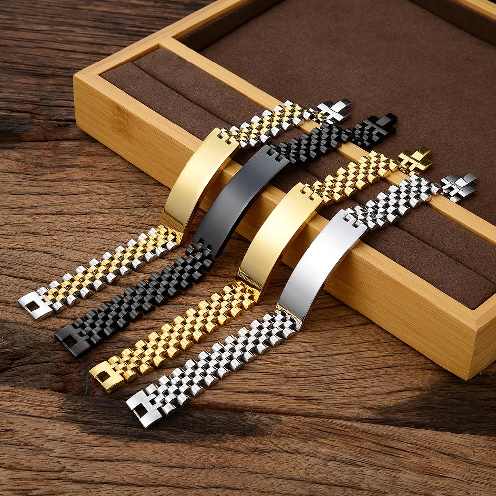Hiphop Fine 316L Stainless Steel Jewelry Bracelet Bangle Silver Gold Plated Watch Band Link Chain Men Bracelet