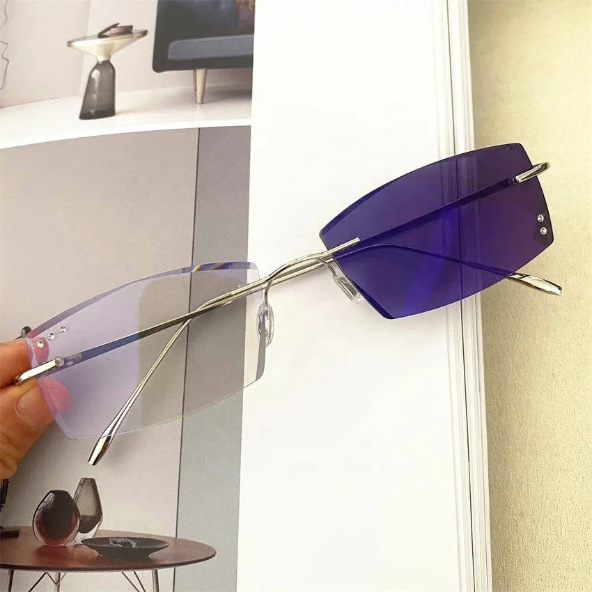 Small Rectangle Rimless Titanium Alloy Rhinestone Silver Gold Lunettes Antireflet Photogray Photochromic Glasses Anti Blue Light