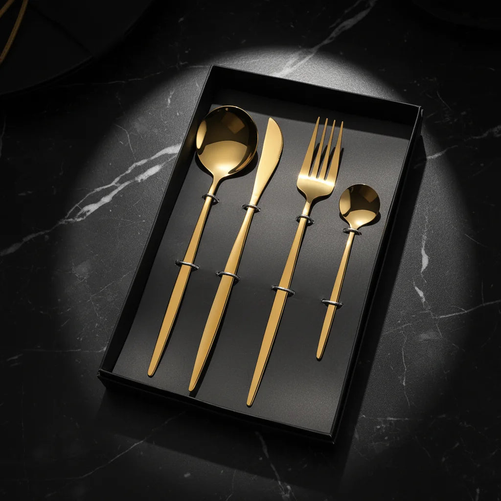 Wedding Hot Sell Shiny Gold Flatware Spoon Fork and Knife Stainless Steel Portugal Style Cutlery Set with Gift Box