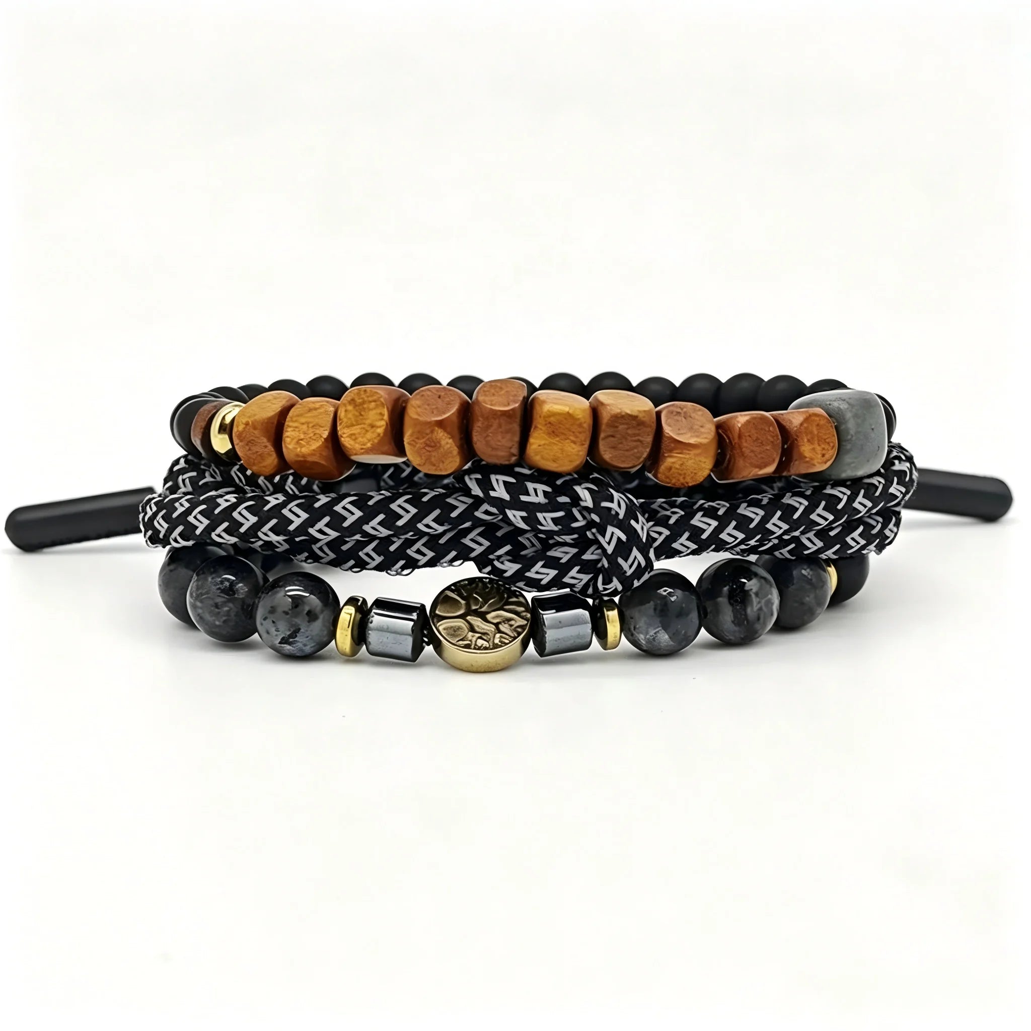 Ilona Men's 3-Piece Bracelet Set with Onyx Wood Beads Tree of Life Charm Adjustable Cord Bracelet Boho Stackable Jewelry