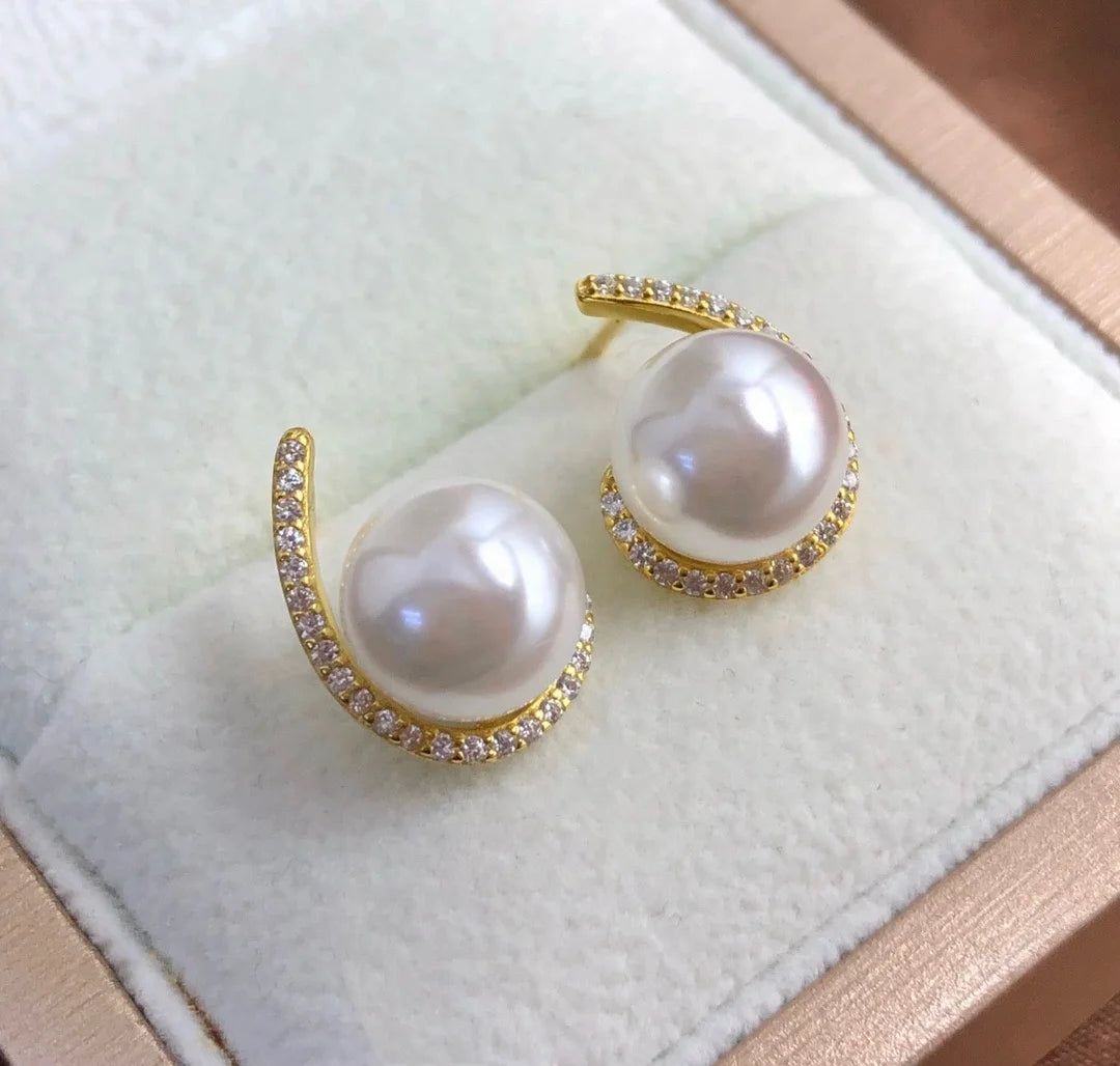 E1915 8-9mm DIY Natural Freshwater Pearl Charm Earrings Mounting Accessory 925 Sterling Silver Gold Plated  Jewelry for Women