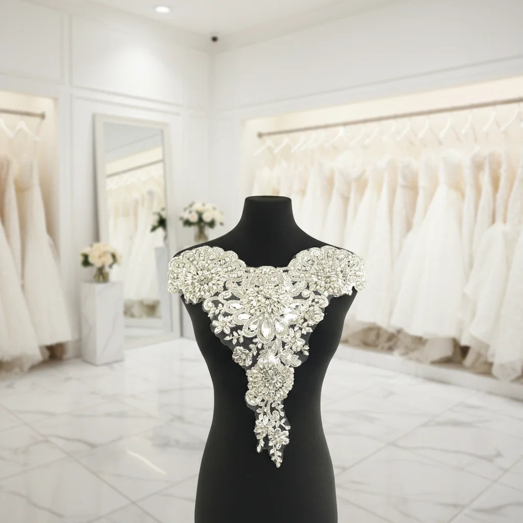 W008 Luxury Crystal Bridal Applique Patches with Rhinestones Sew-On Technique for Wedding Dresses