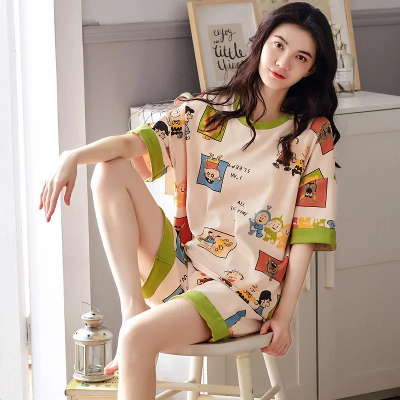Comfortable Pajamas Short Set Print Cotton O-Neck Home Lounge Wear Bamboo Pajamas for Women