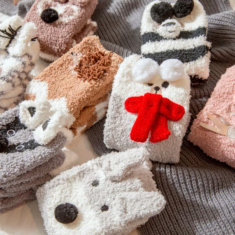 Winter Women Socks 3D Stereo Coral Fleece Animals Dog Panda Fox Cartoon Fashion Comfortable Home Sleeping Indoor Soft Floor Sock