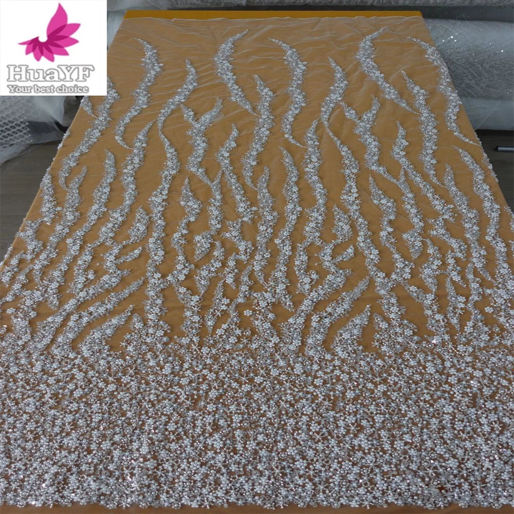 HY2755 Romantic High Density 3d Bubble Bead Flower White Lace Fabric Bridal Gown Textile 100 Polyester Lace Fabric